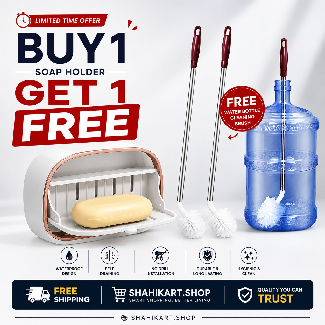 Soap Holder with Drainage Tray + FREE Water Bottle Cleaning Brush